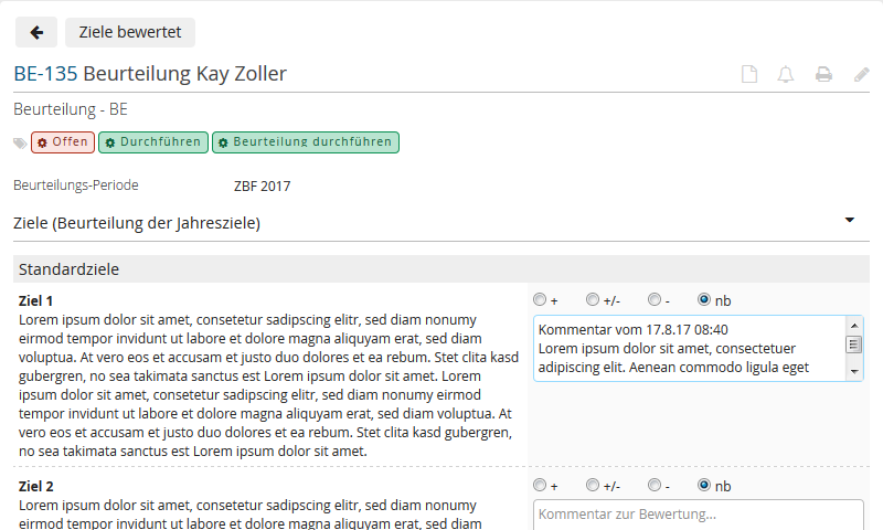 Kommentare während der Beurteilungsperiode